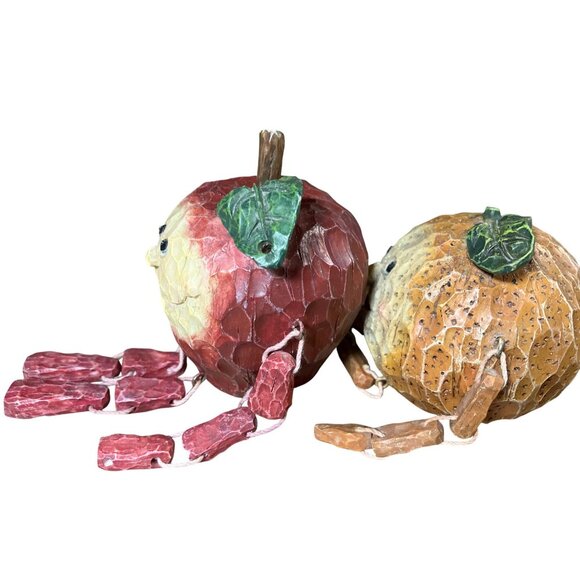 Handcrafted  Orange and Apple Shelf Sitter Lot Anthropomorphic Fruit - Picture 11 of 15